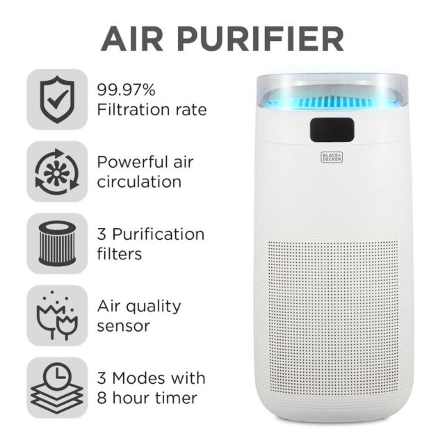 Black and Decker BXAP62002GB White Air Purifier With Air Quality Sensor And 8 Hour Timer