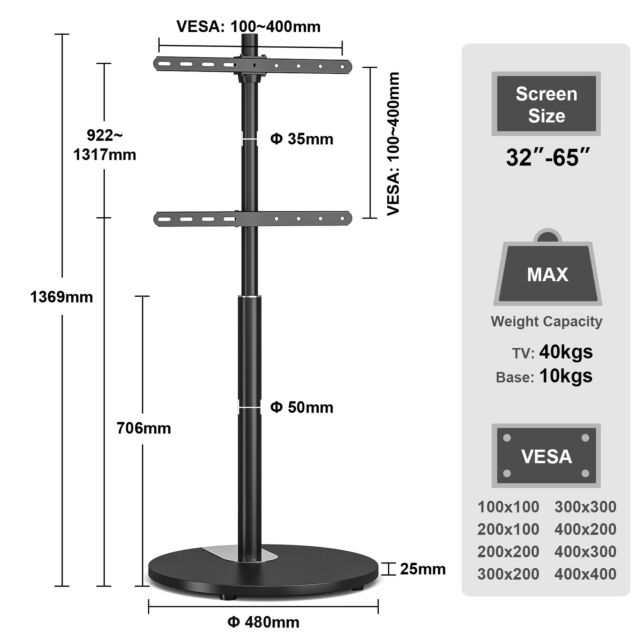 TTAP FSC-BLK Black Pedestal Floor Stand for TV up to 65 inch