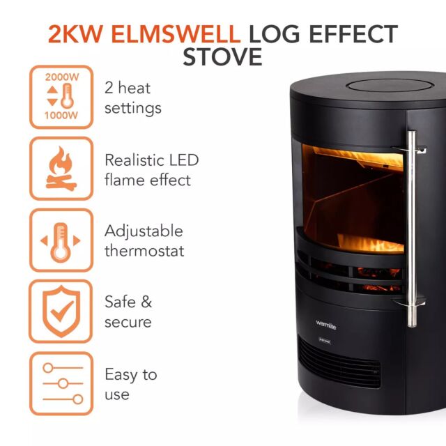 Warmlite WL46022 Black 2Kw Elmswell Round Contemporary Flame Effect Stove